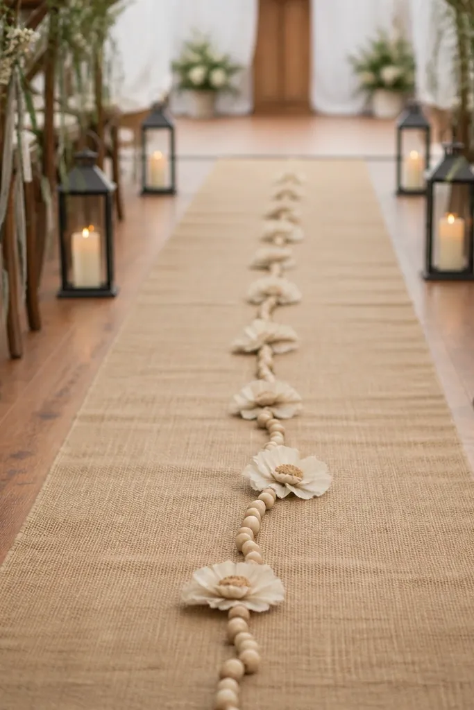 A burlap runner with a subtle strand of wooden beads laid along the center path. Small cream fabric flowers are tucked at intervals; the aisle edges have simple lanterns.