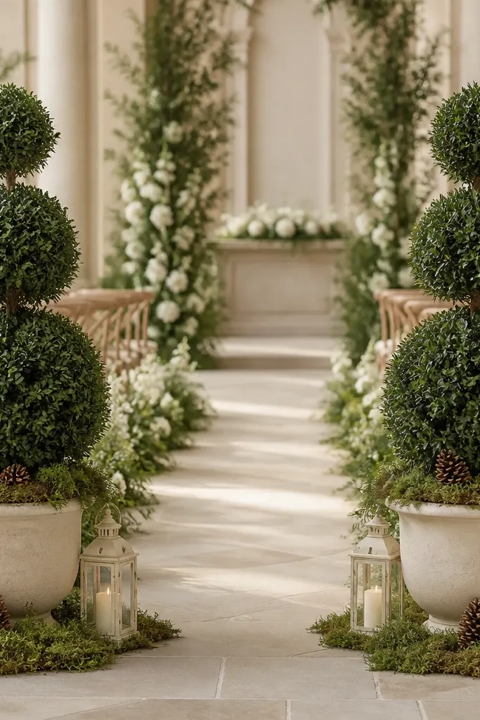 Two tall topiary-style arrangements in cream pots at the aisle entrance, each surrounded by small cream lanterns and moss. The greenery looks dense and rounded; there are pine cones tucked at the base.