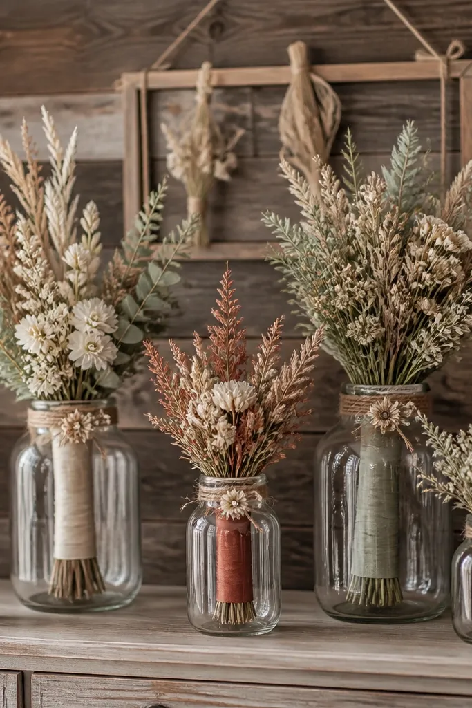 A grouping of mason jars in different sizes on a sideboard. Each jar holds a single stem bundle wrapped in ribbon - rust, oatmeal, and sage. The jars are topped with twine and a small dried flower. The background is a wooden wall with a hanging sign.
