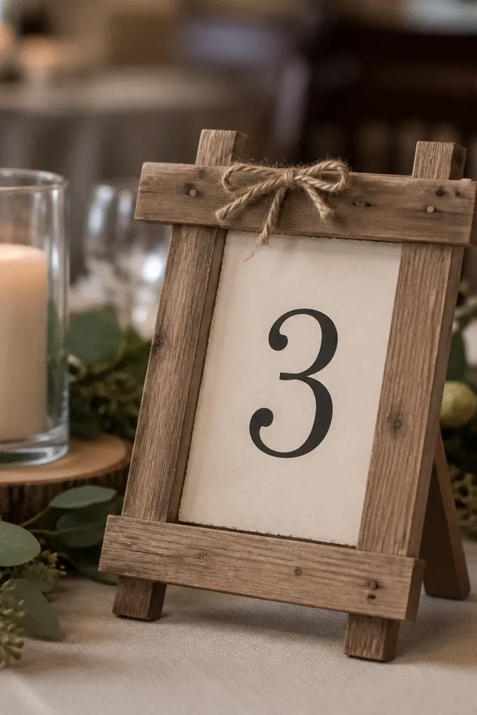 A set of small framed signs made from scrap wood planks. Each frame holds a printed number in black ink on cream paper. The frames lean on easels next to candle centerpieces, with twine tied around the top bar.