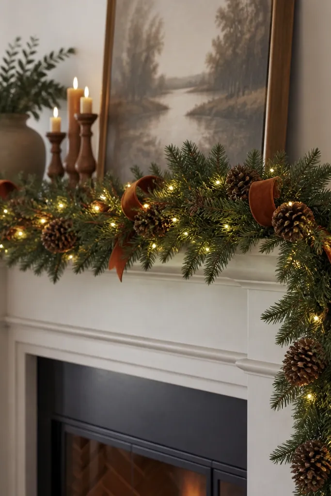 A long garland draped across a fireplace mantle. It is made from faux greenery with pinecones spaced every few inches. The garland is wrapped with warm white fairy lights and finished with a few rust-colored ribbon loops.