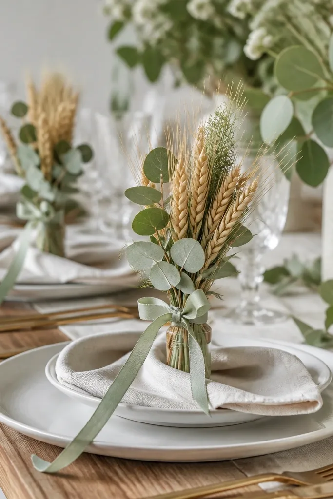 Small handheld-looking bundles placed upright at each place setting. Each bundle has dried wheat, eucalyptus leaves, and a thin ribbon tail in sage. They stand in tiny holders or are tucked into napkin folds.