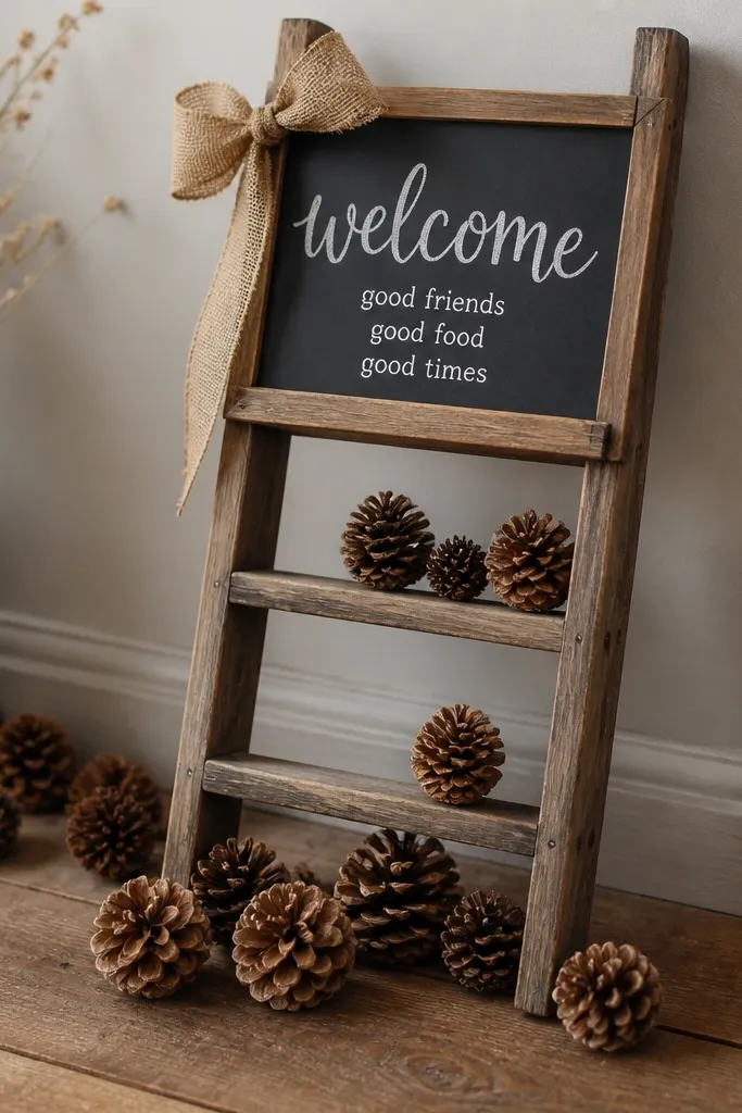 A small wooden ladder leaning against a wall with a chalkboard-style sign on the top rung. The sign reads welcome in large white chalk letters, with smaller lines below. Around it are scattered pinecones and a burlap bow.