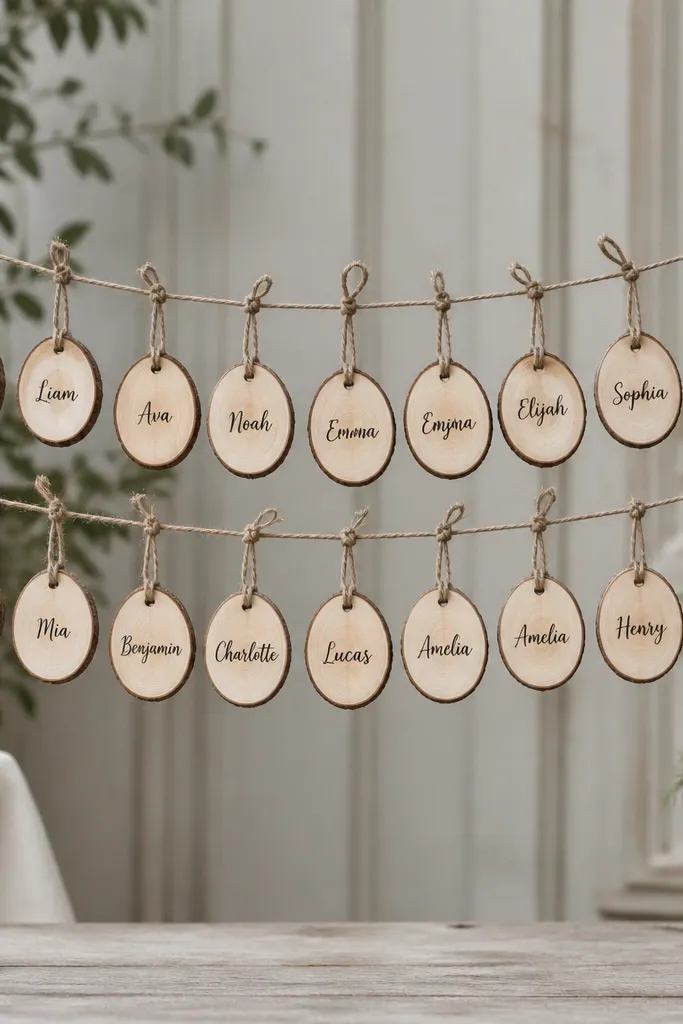 Round wood slices used as escort cards hung from a string line stretched between two stands. Each slice has a guest name written in black ink, with a small hole at the top. Jute twine ties the wood slice to the line.