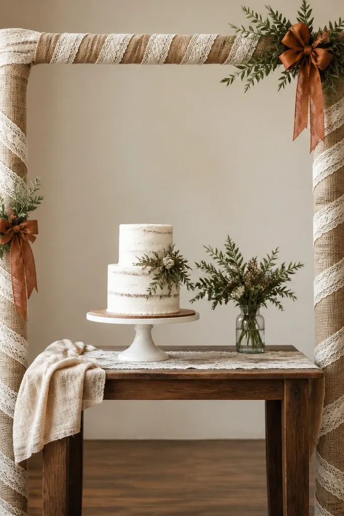 A simple cake table arch made from wood poles wrapped in burlap. Over the burlap are layered strips of cream lace ribbon. Small greenery sprigs and rust ribbon bows decorate the arch corners.
