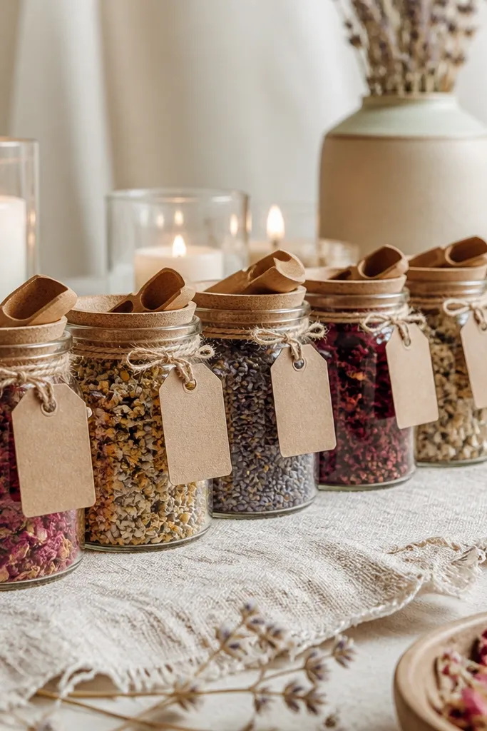 Small glass jars lined up on a table, filled with dried flower petals and tiny dried herbs. Each jar has a kraft label tied with twine, and a small wooden scoop rests on top. The table has a cream linen cloth and a few candles in the background.