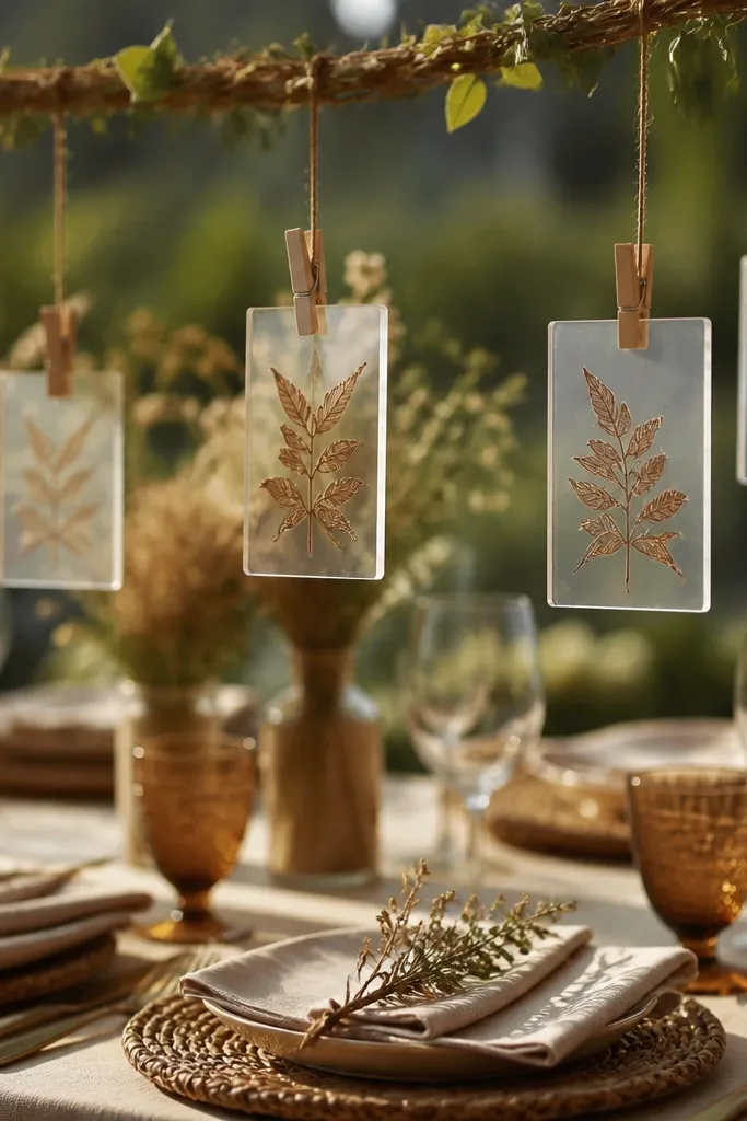 Clear acrylic or glass-like place cards etched with names in a rust-brown tone. Each card is attached to a thin vine string tied to a small wooden clip. The cards hang above place settings and catch warm light.