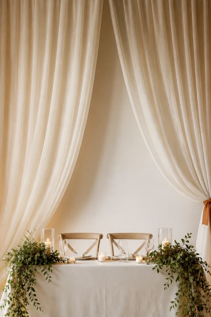 Two wide linen drapes hanging behind a sweetheart table. The linen is cream with soft folds, and warm fairy lights create a gentle shadow line at the edges. A small rust ribbon tie holds one drape at mid-height, and greenery sits at the table corners.