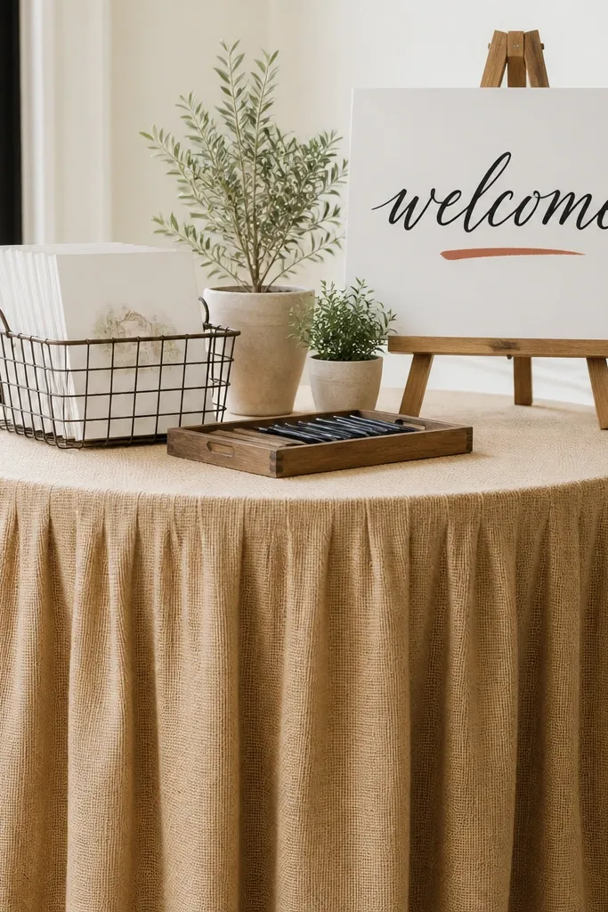 A welcome table with a burlap skirt draping to the floor edge. On top sits a wire basket filled with programs, a small wooden tray with pens, and two mini potted plants. A sign on an easel reads welcome in black script with a rust accent underline.