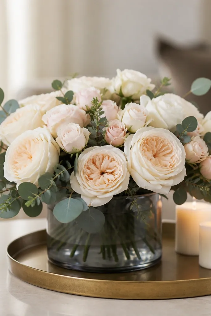 A smoked gray glass cylinder vase on a round brass tray, filled with cream garden roses and pale blush buds. The arrangement is low and wide, with eucalyptus tucked around the edges and a couple of short pillar candles on the tray.