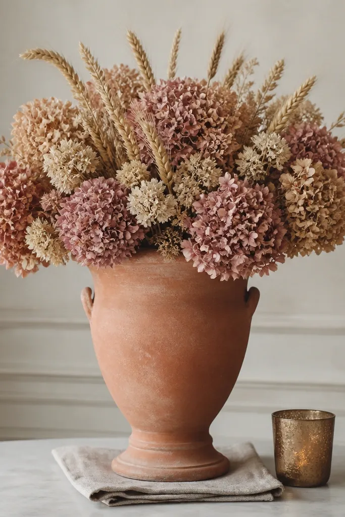 A tall terracotta urn filled with dried hydrangea blooms in dusty rose and oatmeal tones, plus wheat stalks rising from the center. The urn sits on a folded linen napkin, with a single brass votive nearby.