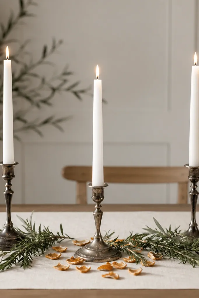 Three tall white taper candles in antique metal holders arranged along a cream linen runner. Small clusters of rosemary and olive branches sit at the base, with scattered dried orange peel pieces around the center.
