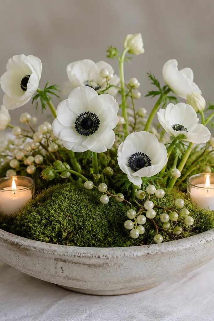A shallow ceramic bowl filled with green moss, topped with white anemone-like blooms and a few pearl-like berries. Tiny votive candles sit in the moss on both sides.