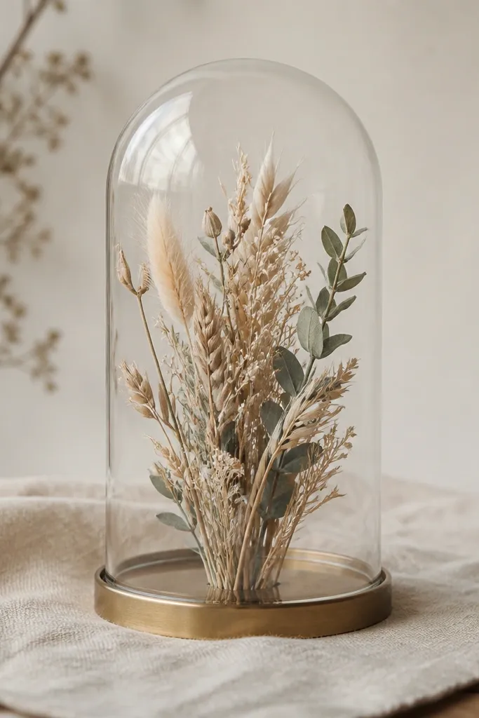 A clear glass cloche or dome sits over a dried floral bundle. The cloche is placed on a square of oatmeal linen, with sage-green stems and oat-colored dried grasses inside. A small brass base ring supports the dome.