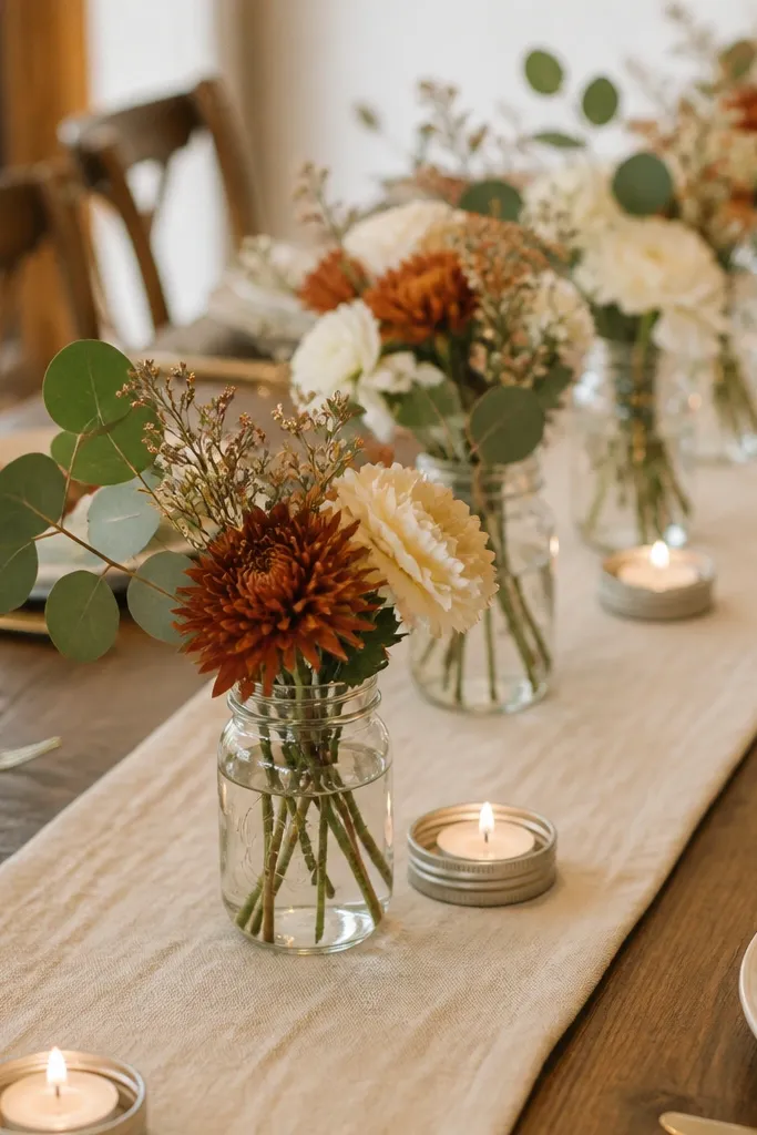 A long cream linen strip runs down the table with small mason jars lined up along it. Each jar holds a single stem bundle - rust flowers, cream blooms, and eucalyptus. A few mason jar lids are used as mini candle holders.