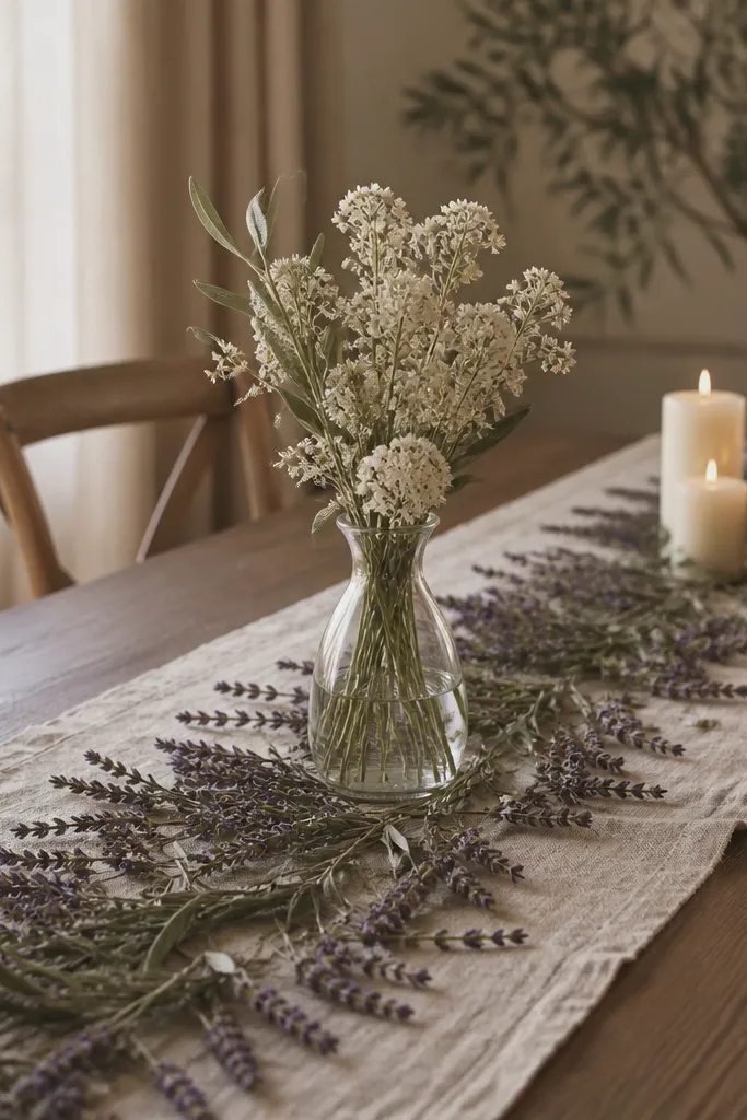 A long linen runner is covered with dried lavender and olive sprigs running lengthwise. At the center sits a single clear glass vase with cream wildflowers and a few sage stems. A small cluster of candles is placed at one end.