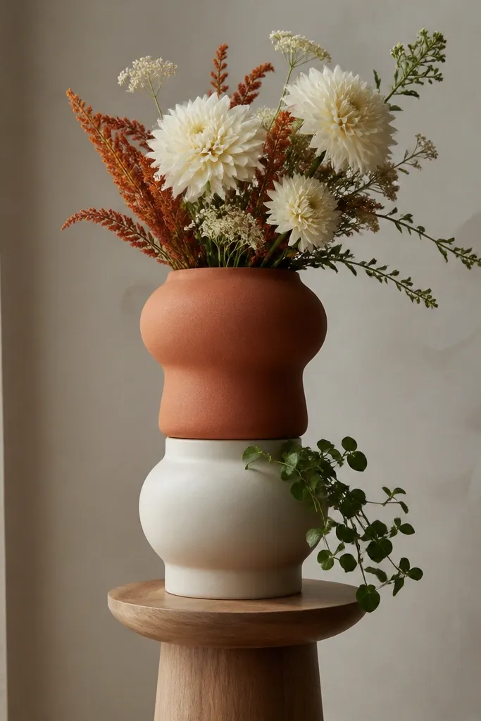 Two stacked vases in terracotta and cream sit on a wooden riser. The top vase holds creamy blooms and a few rust stems, while the lower vase shows greenery peeking out. The overall look is tall and sculptural.