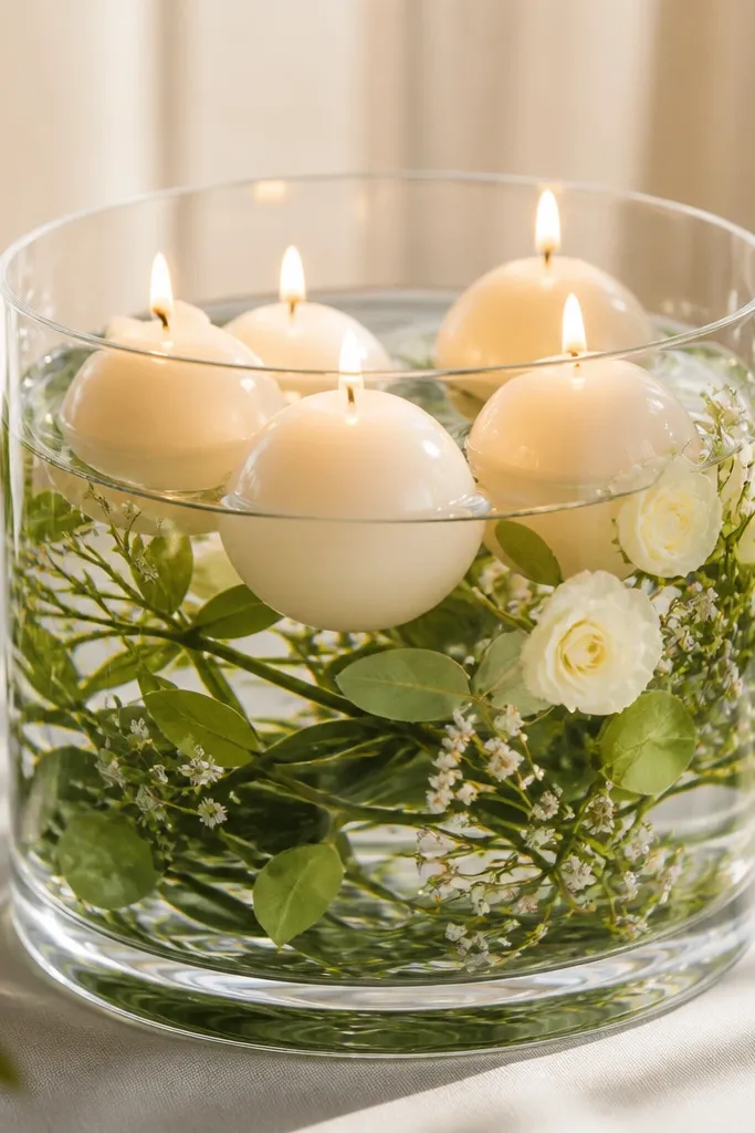 A clear acrylic vase sits center with water and greenery floating inside. Several paraffin candle spheres float near the top, with small cream flowers tucked along the sides. The candles glow softly.