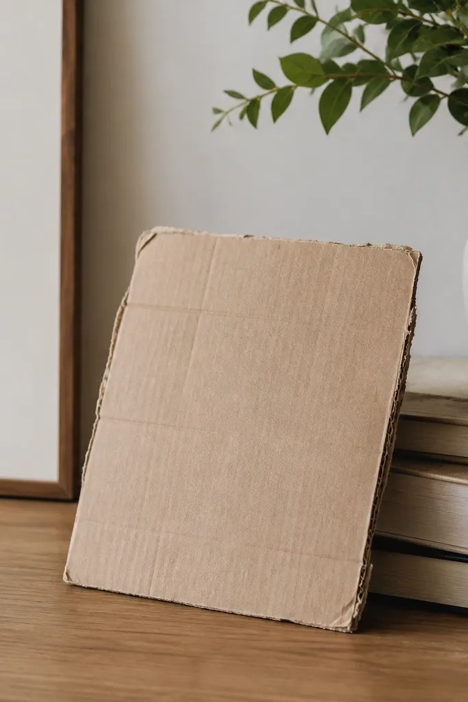 A sign made from thick cardboard with rough edges and marker text, leaning on a stack of books; it looks flimsy and doesn't match the decor palette.