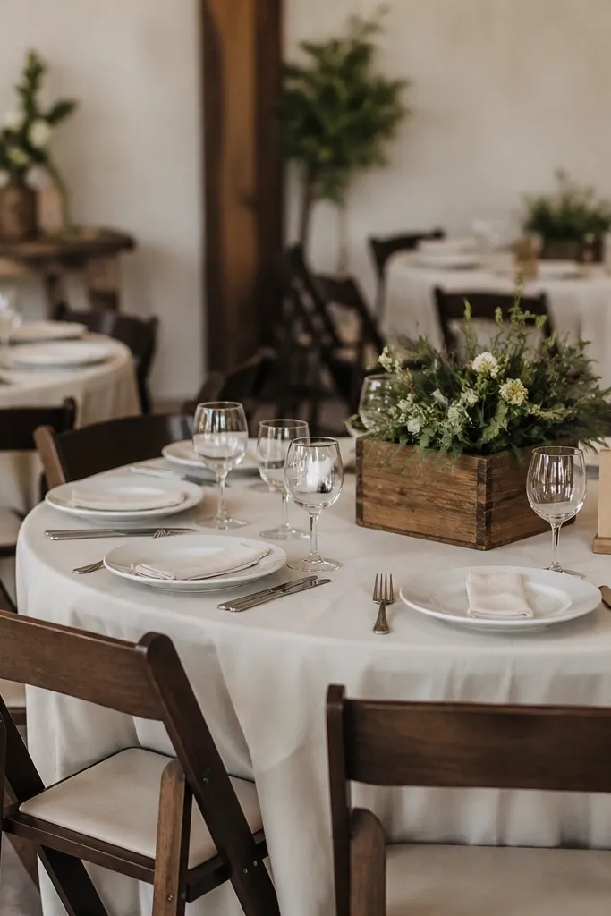 Different wood colors across tables: dark walnut chairs, a light oak table sign, and a medium brown crate centerpiece; the palette looks inconsistent and busy.