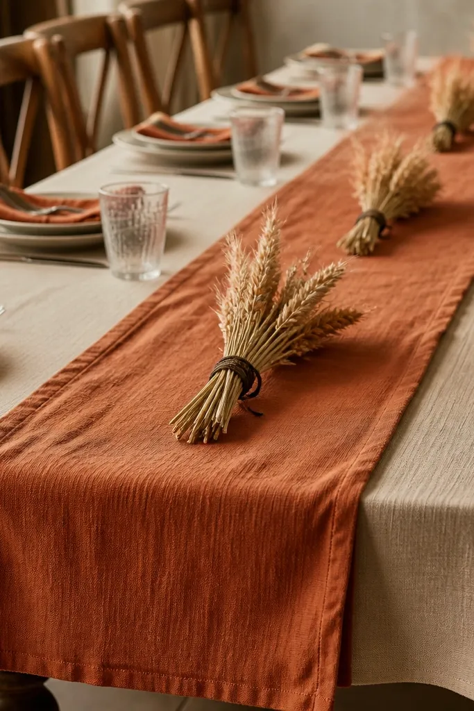 A long table covered with a warm oat-colored runner. A strip of terracotta fabric sits centered on top, with a thin line of black twine wrapped around small bunches of dried wheat. The edges drape slightly over the table.