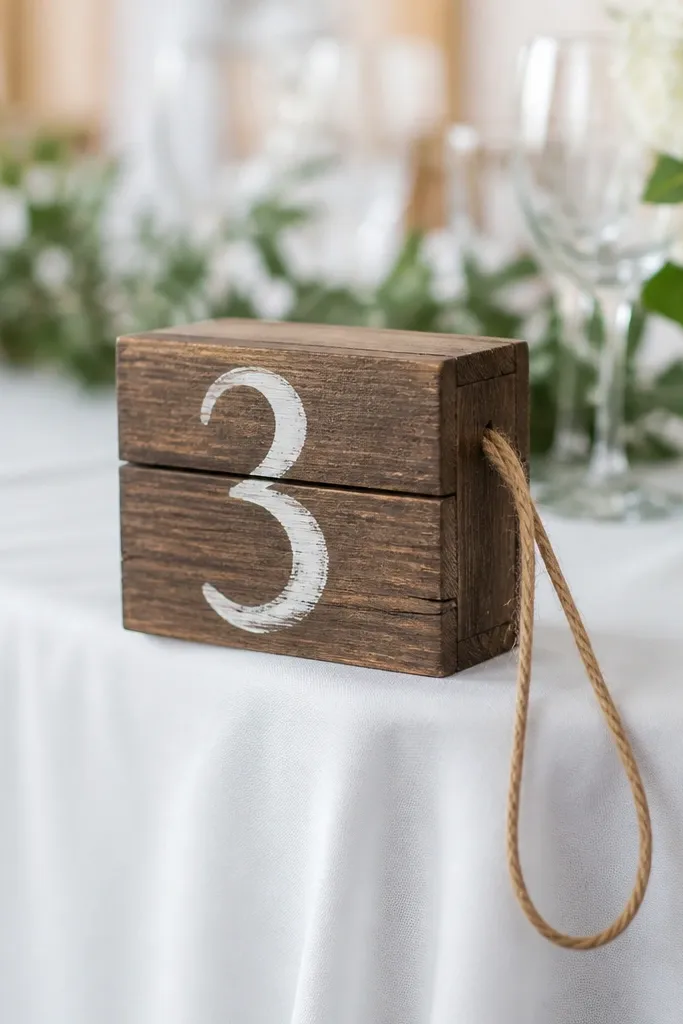 Small wooden crate blocks used as table number signs. Each crate has a number in white paint, and a loop of twine hangs from a side for positioning on a table edge.
