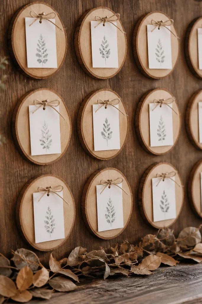 Round wood slices pinned to a board, each holding a small printed escort card. Small twine bows tie around the top of each card, and dried leaves are scattered at the base.