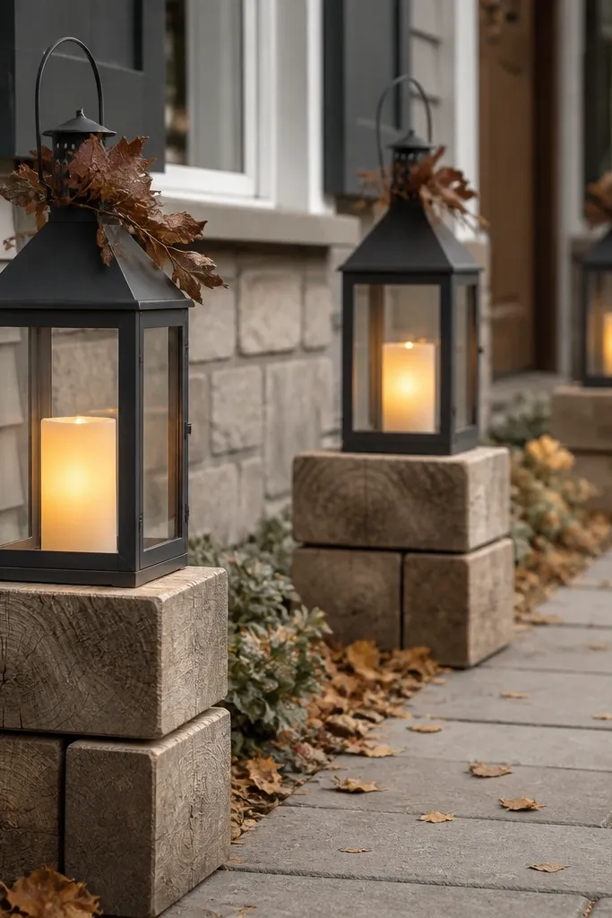 Metal lanterns sitting on stacked wood blocks along the walkway. Inside each lantern is a faux candle with a warm glow, and the lanterns have a few dried leaves tucked near the handle.
