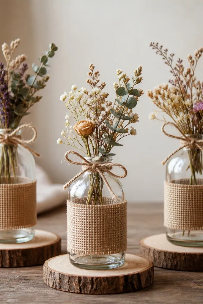 A set of short glass bottles wrapped with burlap bands. Each bottle has dried flower sprigs tied on top with twine, and the bottles sit on small wood rounds.