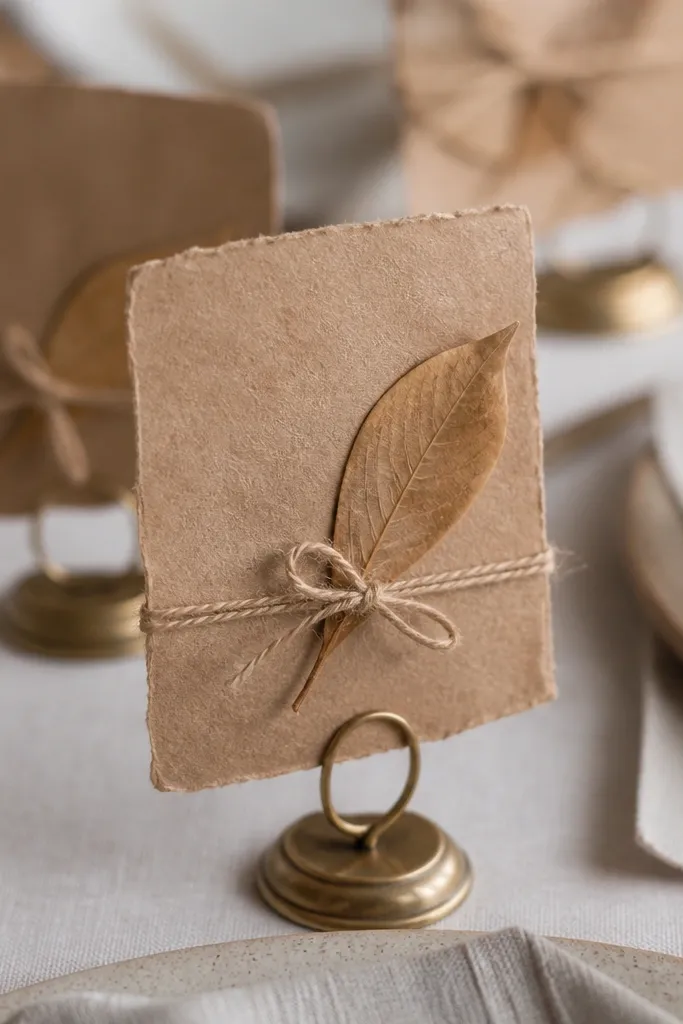 Brown kraft paper menu cards with torn edges. Each card is tied to a small card holder using thin twine, and a dried leaf is tucked under the twine knot.