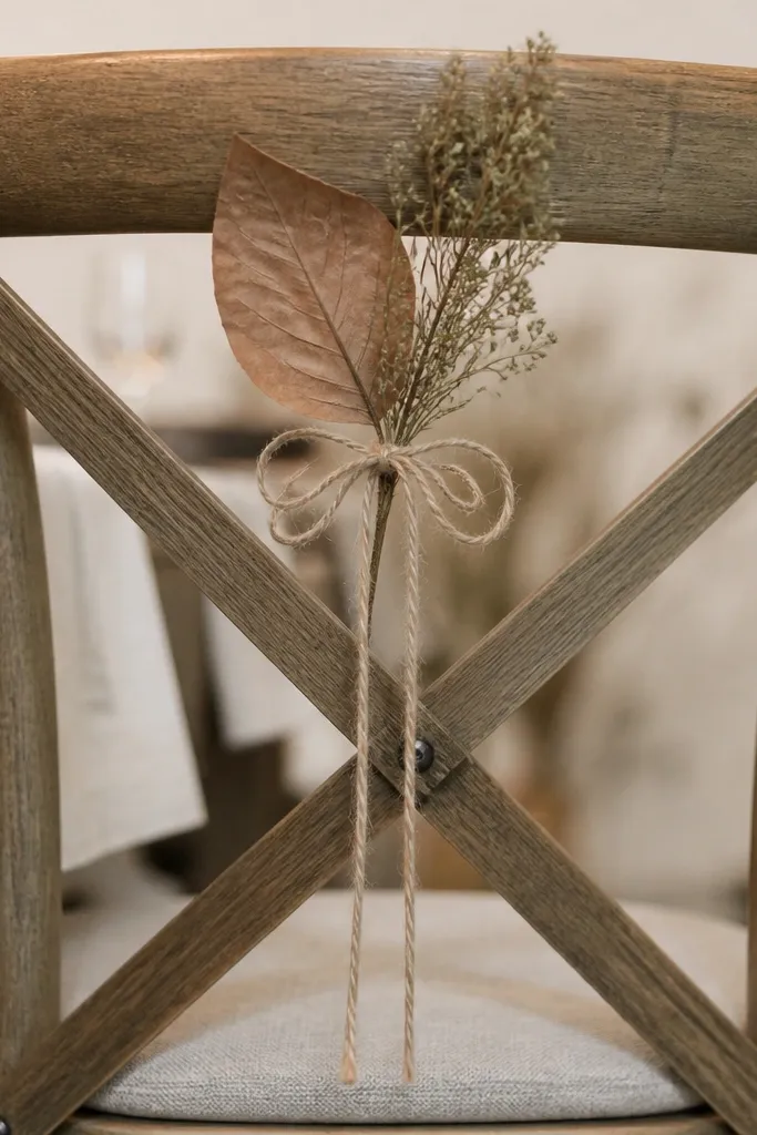 Chair backs tied with twine in a loose loop. A dried leaf and a small sprig of dried greenery are tucked under the knot, and the twine ends hang straight down.