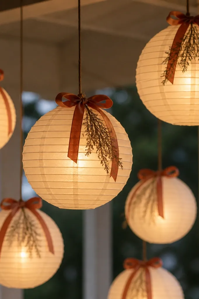 Several white paper lanterns hanging at different heights from a ceiling. Each lantern has a rust-colored ribbon tied around the top and a small sprig of dried greenery tucked under the ribbon. The lanterns glow warm yellow in the evening.