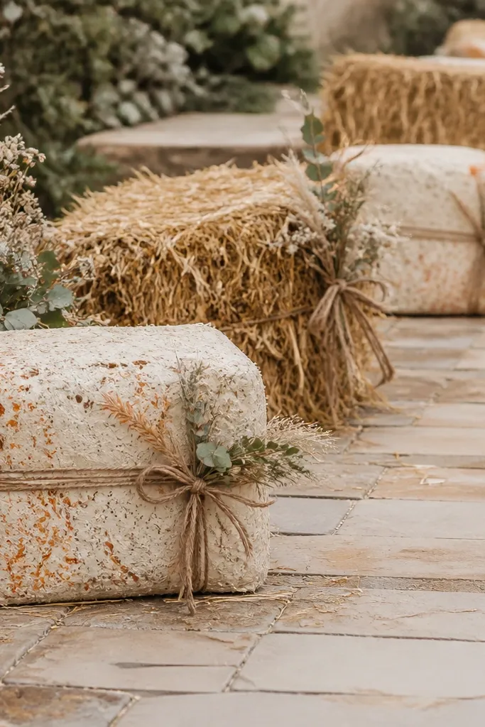 Small hay bales along a pathway. Some bales have been lightly covered or painted with cream and dotted with rust paint. A few bales have twine bows tied around them and dried greenery tucked into the corners.