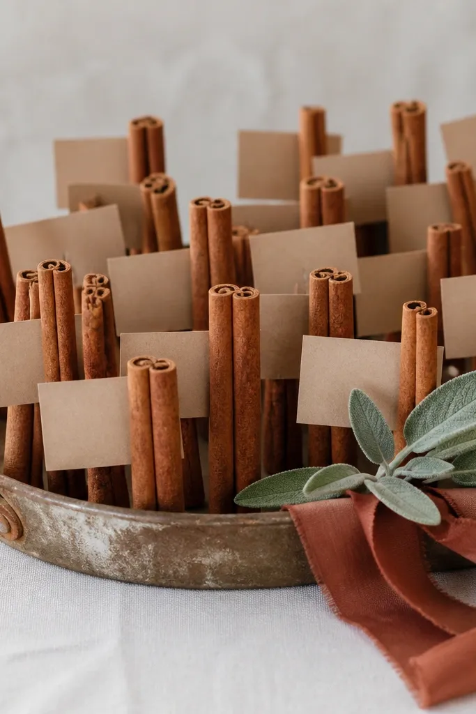 A shallow thrifted metal tray filled with upright cinnamon sticks. Small kraft cards with guest names are clipped or tucked between the cinnamon sticks. A few sage leaves and a rust ribbon are placed along the tray edge.