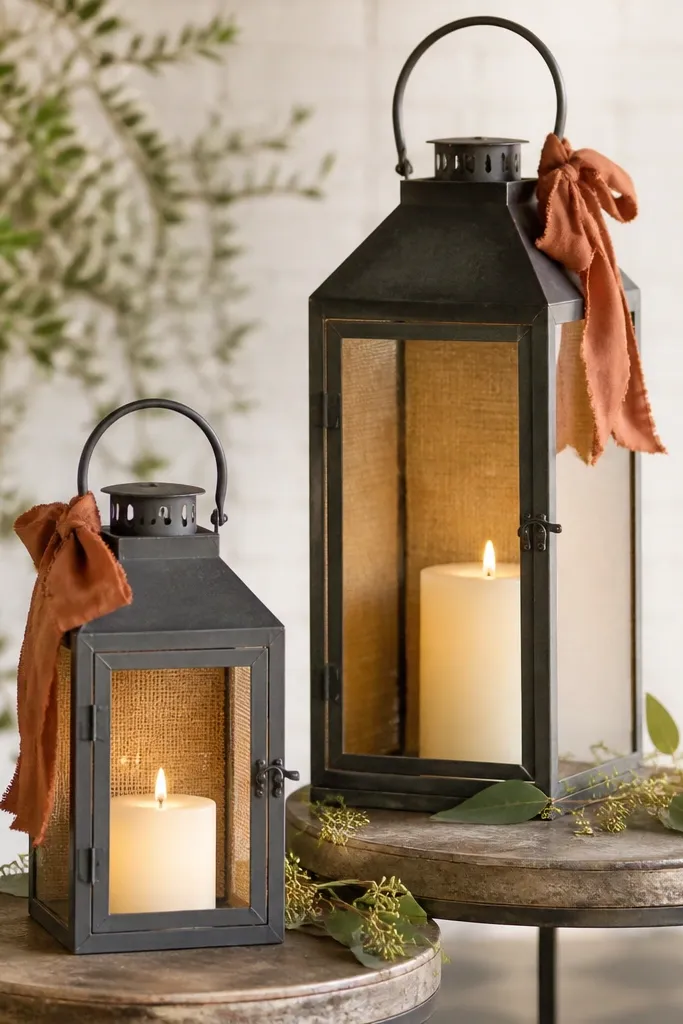 Metal lanterns with glass panels placed on tables. The inside back is lined with burlap, and cream pillar candles sit in the center. Each lantern has a small rust ribbon tied to the handle.