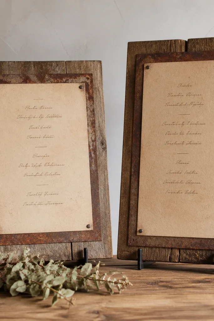 Reclaimed wood planks mounted on small stands. Each plank has a kraft paper sheet with menu items written in brown ink and topped with a rust border. A small dried eucalyptus bunch sits below one board.