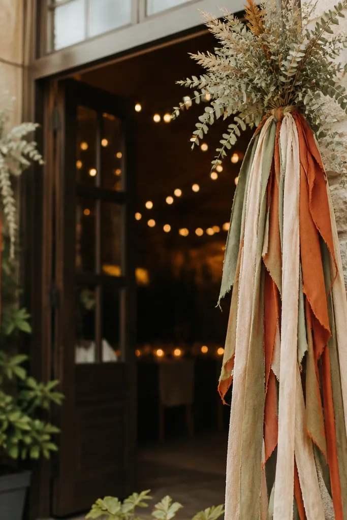 Tall clusters of fabric ribbons tied to a pole near the entrance. The ribbons are rust, sage, and cream, with short dried greenery tucked near the top. Warm string lights glow behind the clusters.