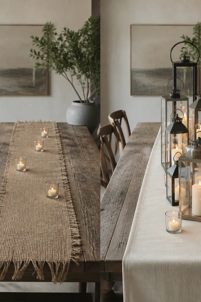A rustic dining table with a thin, fraying burlap strip and a few scattered candles sits on the left. On the right, the same table has a creamy cotton runner, a row of varied-height lanterns in clear glass and smoked metal, and full candle placements centered under the lantern line.