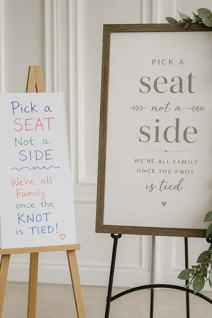 Left shows a small poster on an easel with uneven text and mismatched marker colors. Right shows a larger wood-framed sign on a stand with consistent typography, a muted color palette, and a greenery garland along one side.