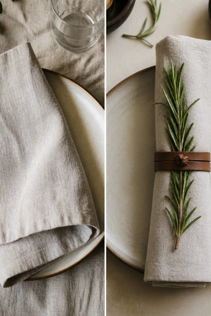 Left shows flat napkins placed casually on plates. Right shows neatly rolled napkins with a small leather tie and a sprig of rosemary tucked under the tie.