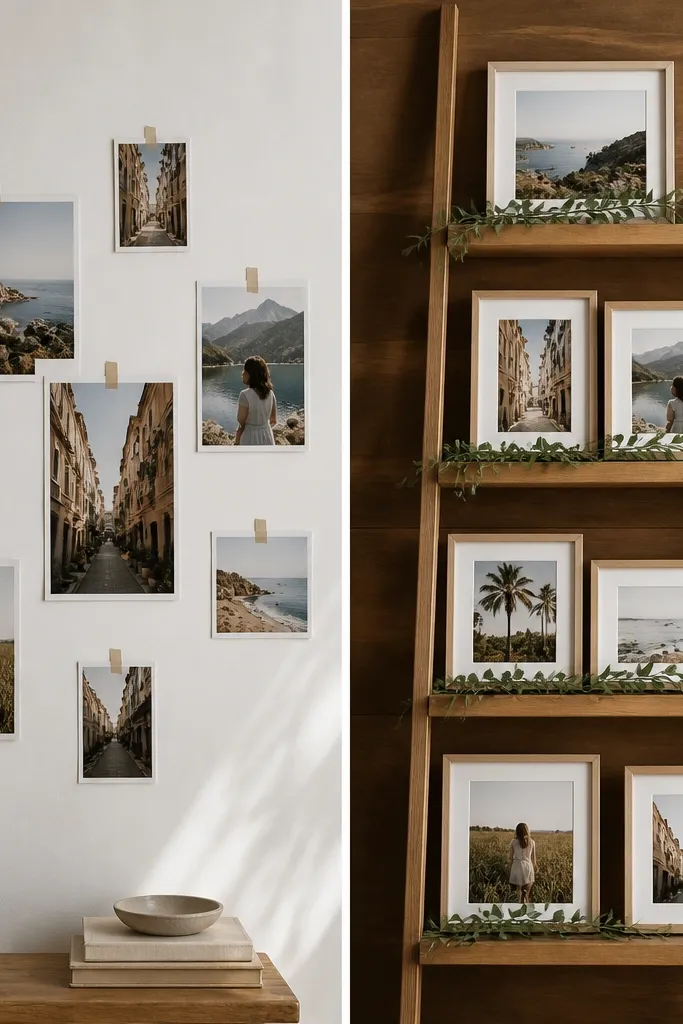 Left shows random photos taped to a wall with mismatched sizes. Right shows a wooden ladder shelf displaying matching frames and small greenery garlands, with consistent spacing and a warm wood background.