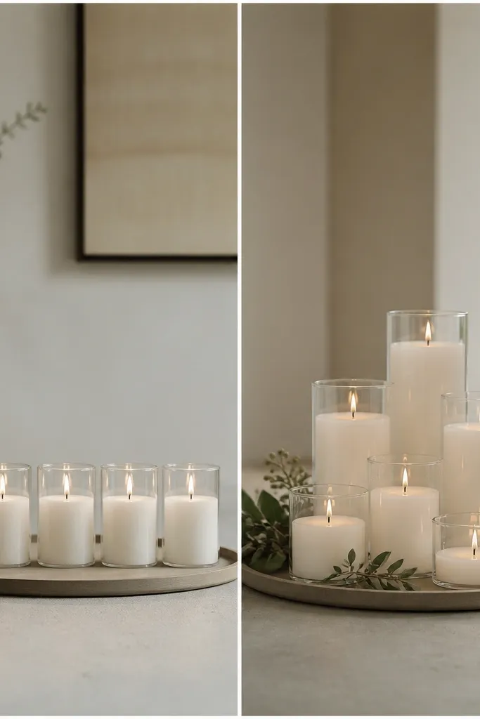 Left shows candles sitting on a tray in one flat line. Right shows candles arranged in staggered glass heights with different cup sizes and a few greenery sprigs tucked around the tray edge.