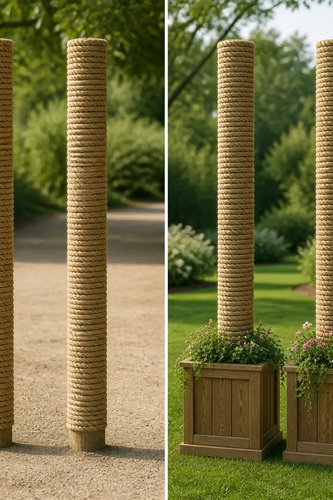 Left shows two posts wrapped with rope but standing on bare ground. Right shows the same posts wrapped with rope and anchored into wood planter bases filled with greenery and small flowers.