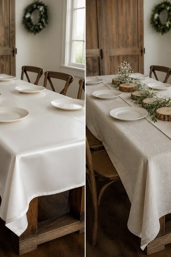 Left shows a farm table covered with a smooth, shiny cloth and plain plates. Right shows the table covered with textured linen and a runner made from canvas or linen blend, with small wood slice accents along the center.