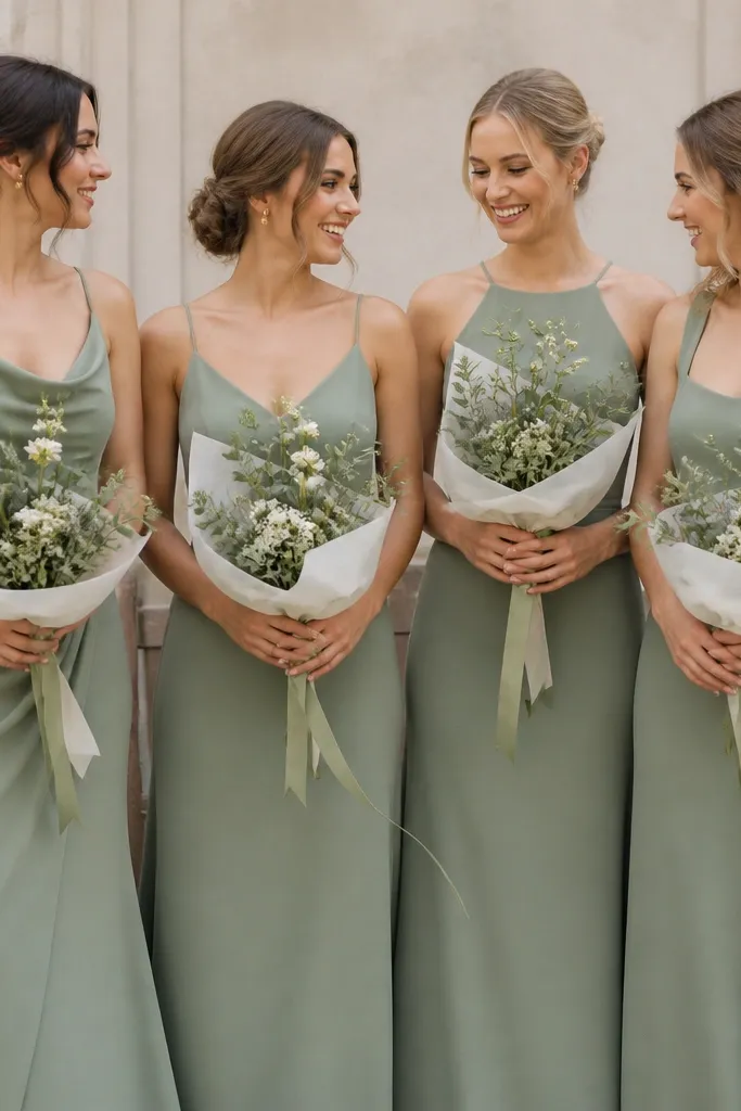 A group of bridesmaids in sage green crepe dresses, photographed outdoors. The dresses look matte and slightly textured. Their bouquets are wrapped in ivory paper and tied with sage ribbon, with visible greenery and small white blooms. In the background, a wooden bench and pale stone walls keep the focus on the sage tones.