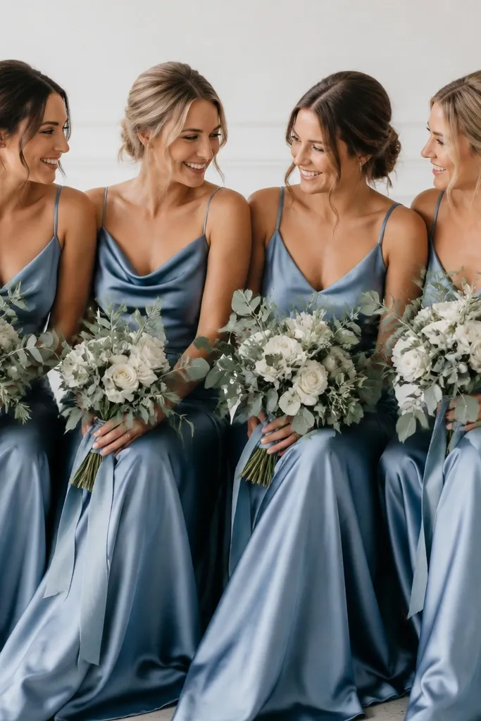 Bridesmaids wearing dusty blue satin dresses in a seated photo. The dresses have a soft sheen, and the fabric catches light along the folds. Their bouquets include pale gray-green foliage and white blooms with a few dusty blue ribbons. Background is a white wall with cool daylight.