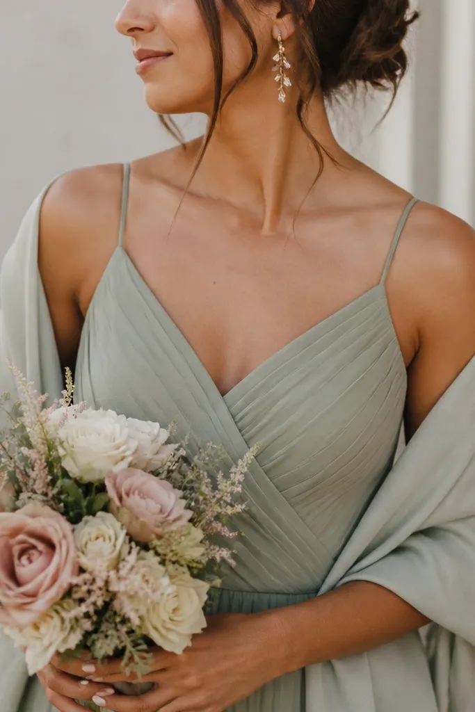 A close-up of a bridesmaid holding a bouquet with blush petals and cream blooms. The dress is sage green with a soft wrap or shawl draped over the shoulder. Champagne-toned earrings catch light subtly.