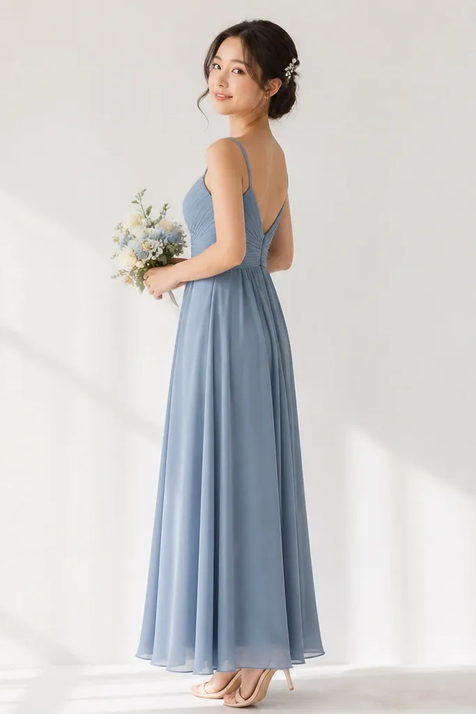 A styled portrait of a bridesmaid in dusty blue dress. Pearl hair pins are visible in her updo, and she wears cool nude heels. The background is a white wall with soft daylight.