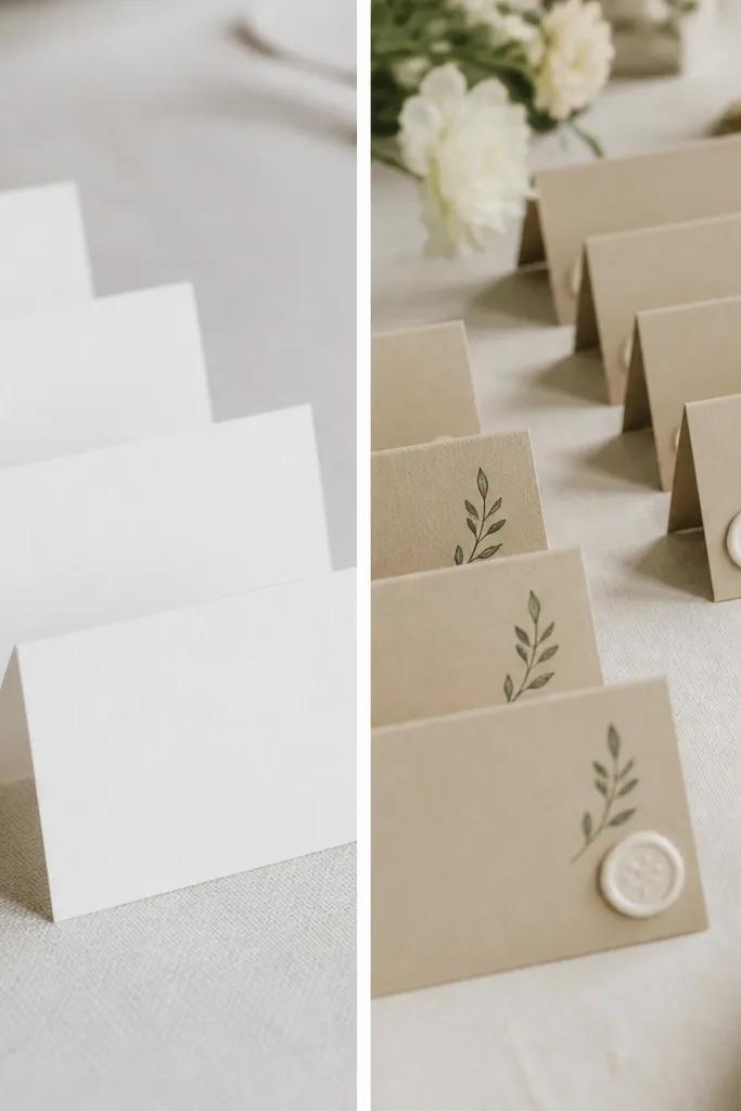 Left side shows white place cards with grayish text that blends into the table; right side shows oat-colored cardstock with deep sage printed text and a small cream wax seal detail near the corner.