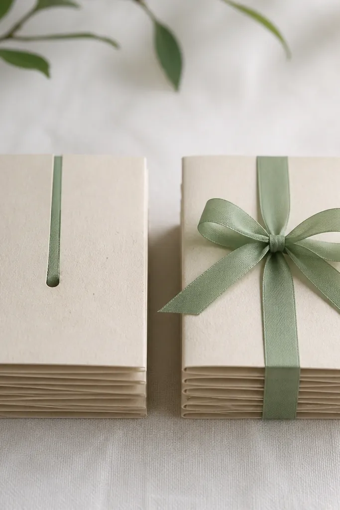 Two program stacks: left has a narrow pale sage ribbon that disappears into the paper; right has a slightly wider sage ribbon with a clean bow and visible loops on oat programs.